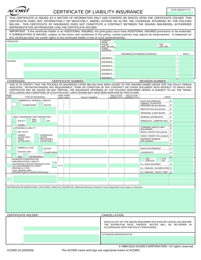 Acord 25 Certificate of Insurance screenshot