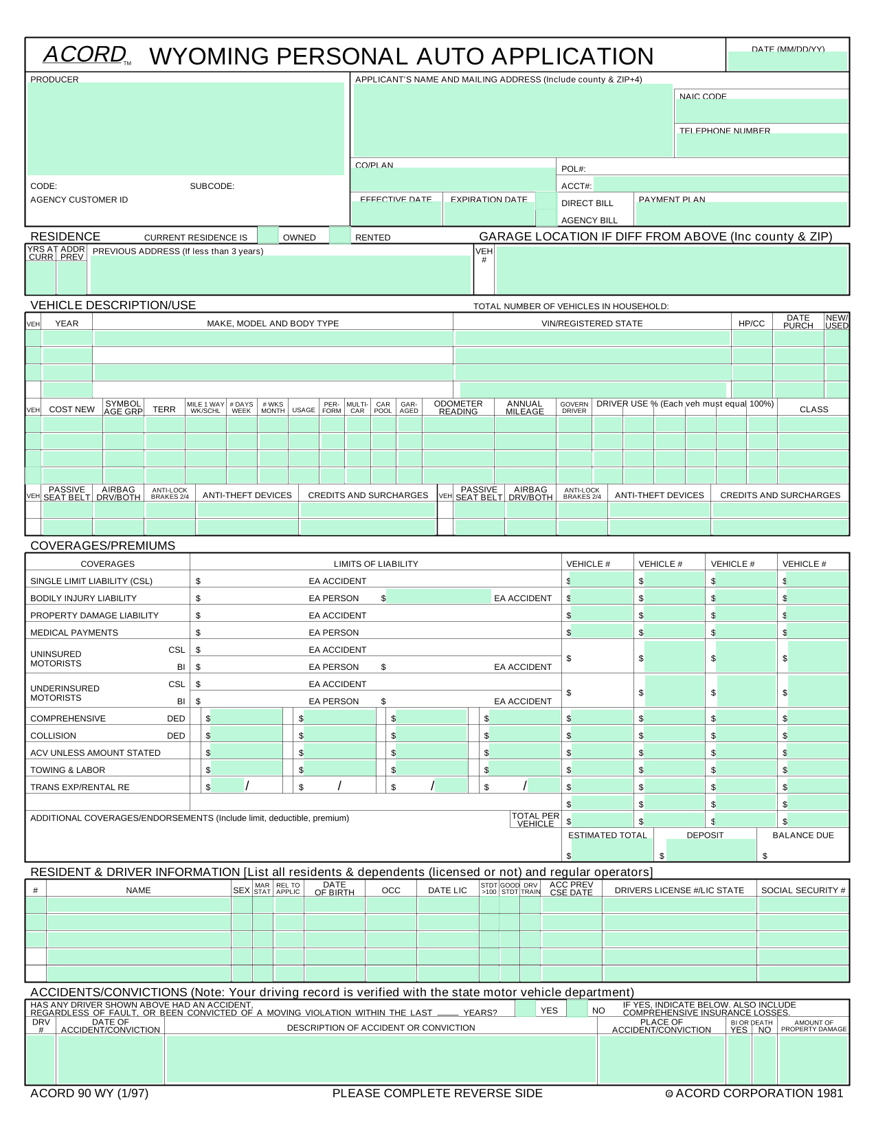 Wyoming Personal Auto Application (ACORD 90) screenshot