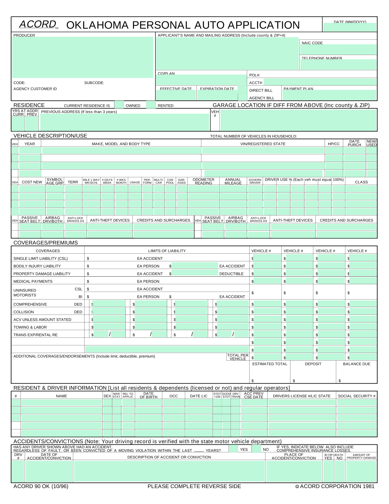 Oklahoma Personal Auto Application (ACORD 90 OK) screenshot